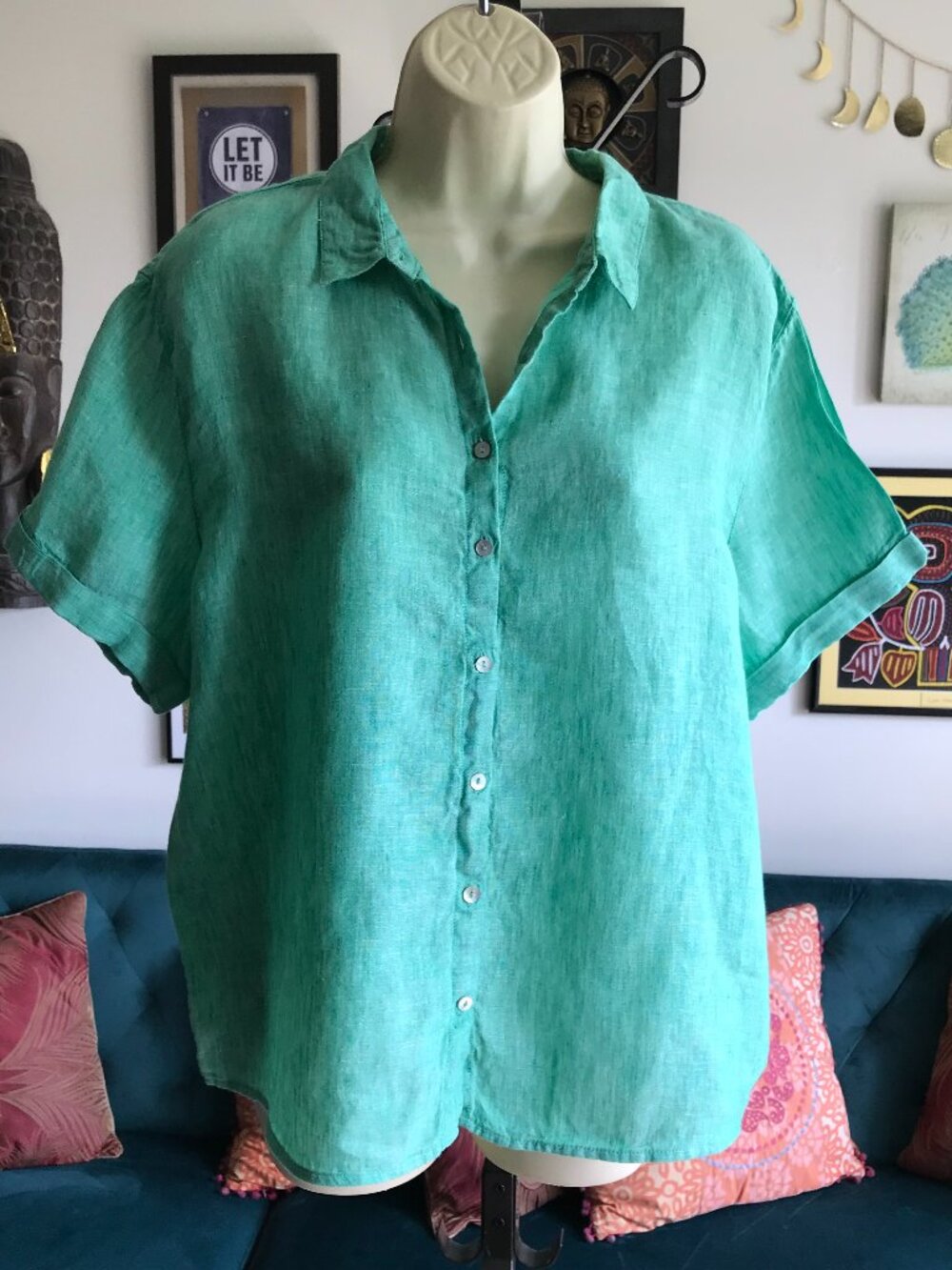 TAHARI size L Green 100% Linen Short Sleeve Blouse Top